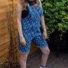 Blue Daisy Printed Denim Stretch Dungaree Shorts